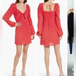 & Other Stories Floral Bow Detail Long Sleeve Mini Dress US 8 Red White New NWT
